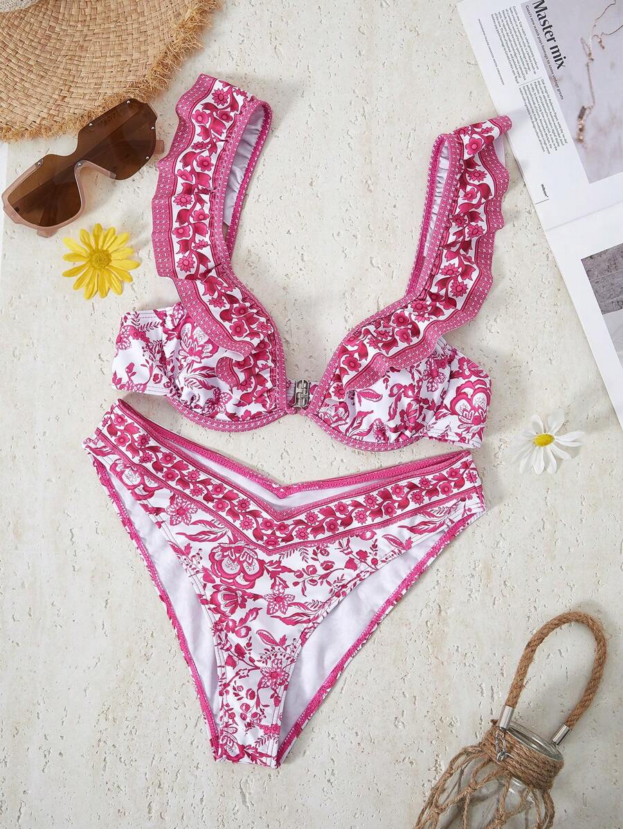 Bikinx Women's Floral Print Ruffle Trimmed Bikini Set Summer - Pink - View 1