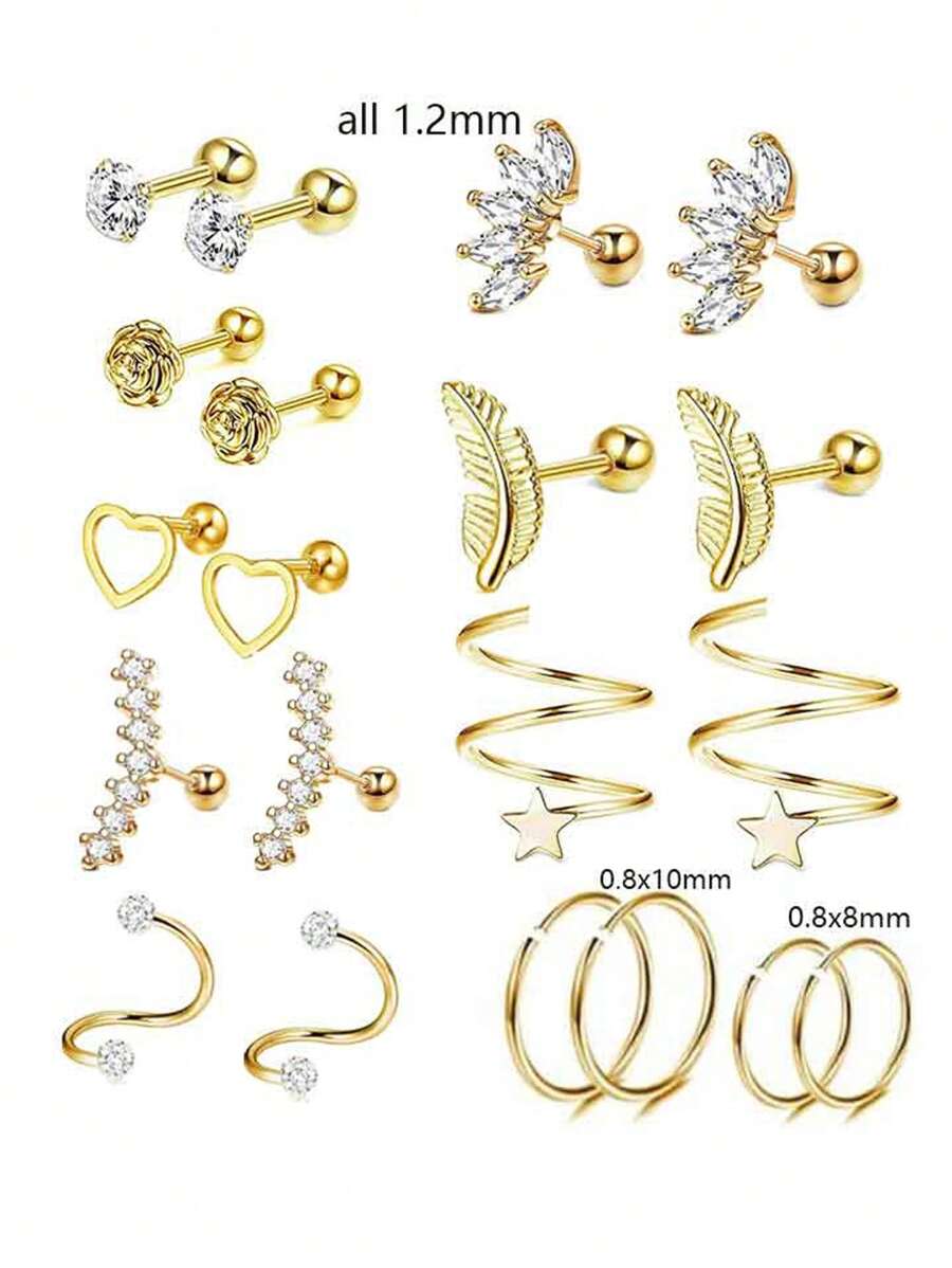 20pcs Stainless Steel Stud Earrings Set For Women Men Star Moon Flower