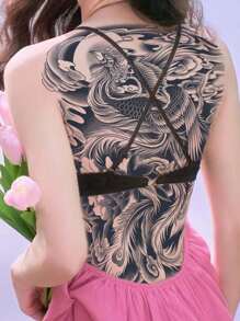 1張鳳凰設計全背部暫時性紋身,耐水和長時使用1-2週,不反光,男女適用 - 黑色 - 查看 2