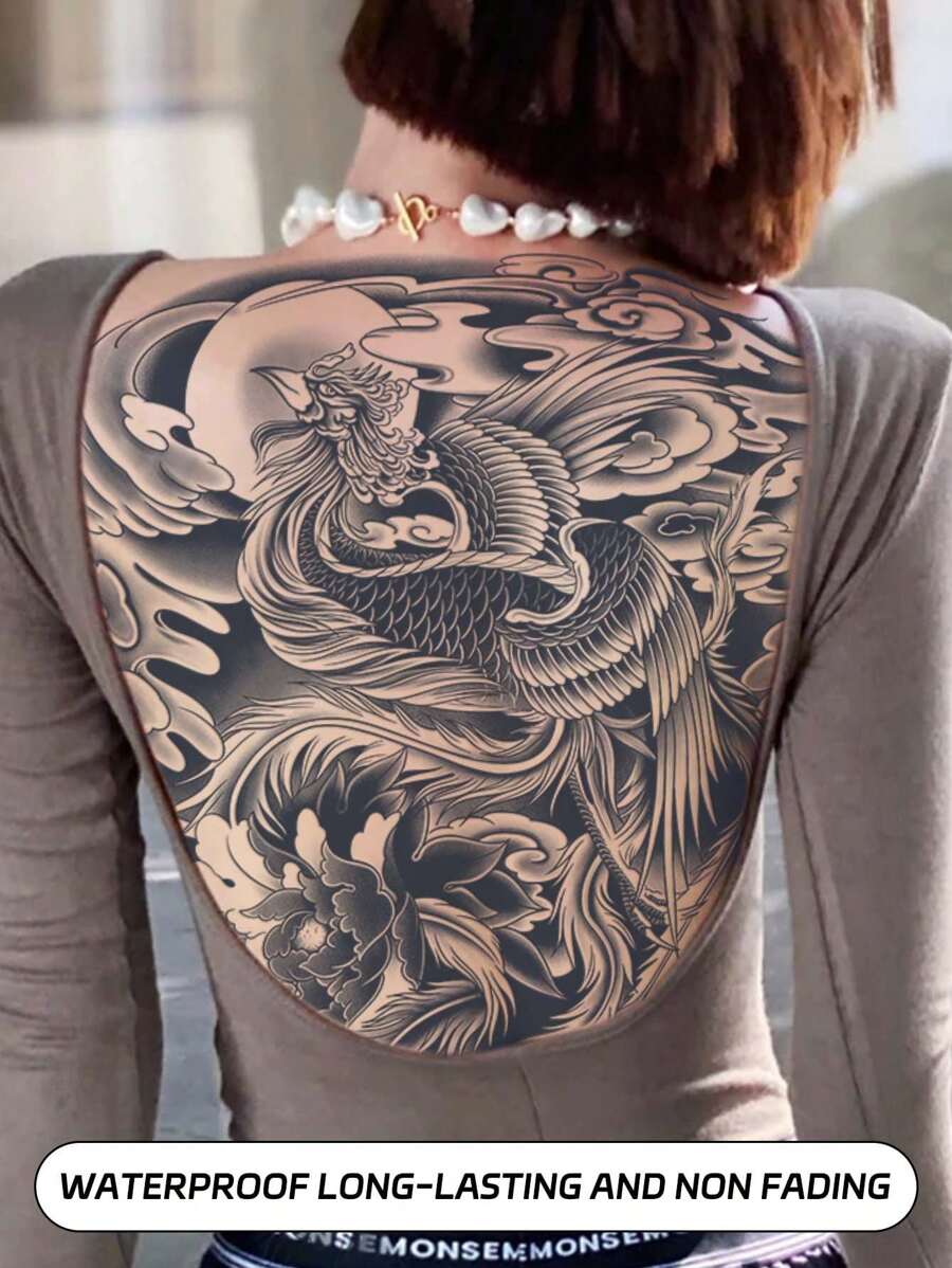 1張鳳凰設計全背部暫時性紋身,耐水和長時使用1-2週,不反光,男女適用 - 黑色 - 查看 1
