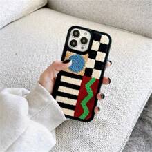 Apple Vintage Autumn/Winter Ins Style Plush Embroidered Geometric Pattern Phone Case Compatible With Iphone 14 Pro Max, IPhone 13, 12 Pro, X, XS, XR, 11, 16 Pro Max, 15