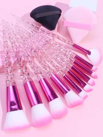 10 Pieces Professional Makeup Brush Set + 2 Powder Puffs, Including BB Cream Brush, Blush Brush, Loose Powder Brush And Eye Shadow Brush, Pink/ Rose Red, Complete Makeup Tool Set,Brush Set,Makeup Brush Kit,Make Up Brush Set,Make Up Set Complete,Makeup Brush Set,Complete Makeup Kit,Brush Kit,Brushes Makeup Set,Makeup Gift Set