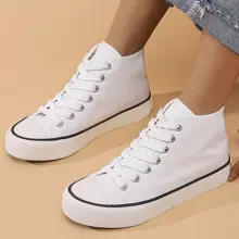 Unisex Couple Simple & Fashionable Basic White High-Top Canvas Shoes With Flat Soles