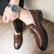 男士時尚鱷魚紋懶人鞋,搭配金屬扣,低幫無鞋帶柔軟舒適的商務、休閒、正式皮鞋,派對、婚禮等場合適用,黑色、棕色,簡約、專業,增高鞋厚鞋底 - 棕色 - 查看 4