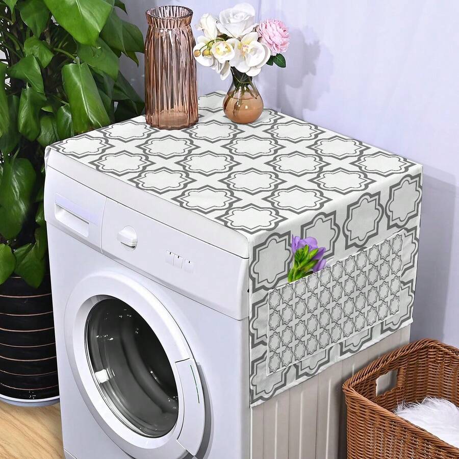 1pc現代簡約風格幾何圖案多功能收納塵布帶口袋,仿亞麻材質,使用於洗衣機、冰箱、多功能塵布,淺灰色 - 淺灰色 - 查看 1