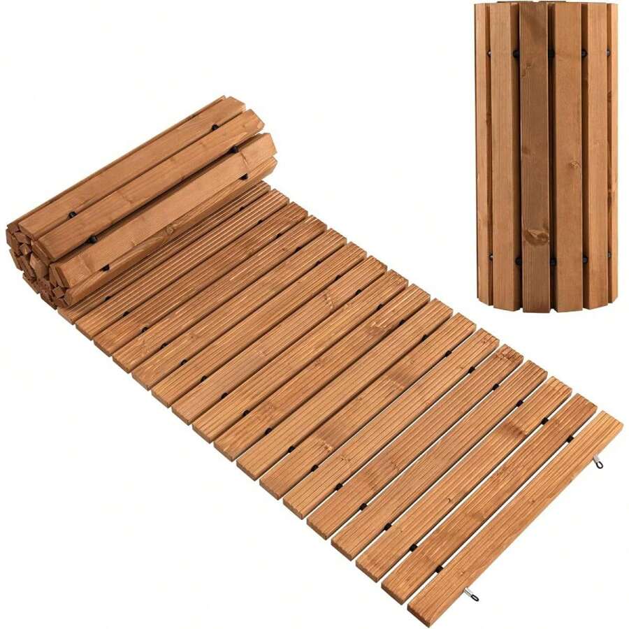 Sendero de madera para jardín de 2,4 m de longitud, pasarela recta resistente a la intemperie con alambre de acero resistente y motivos antideslizantes, pasarela enrollable de madera de abeto para patio, playa, jardín