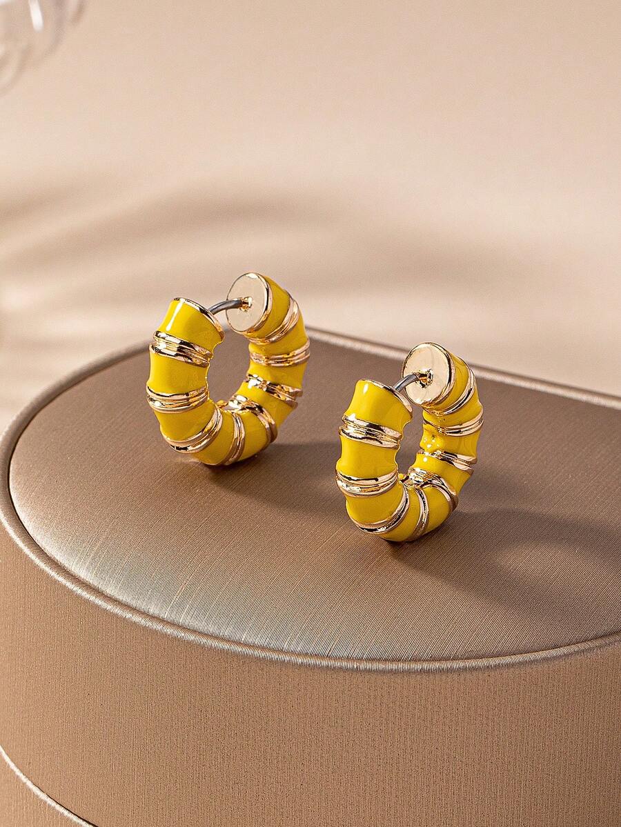 1 对欧美风格复古彩色珐琅几何吊坠耳环适合女士日常佩戴 - 黃色 - 查看 1