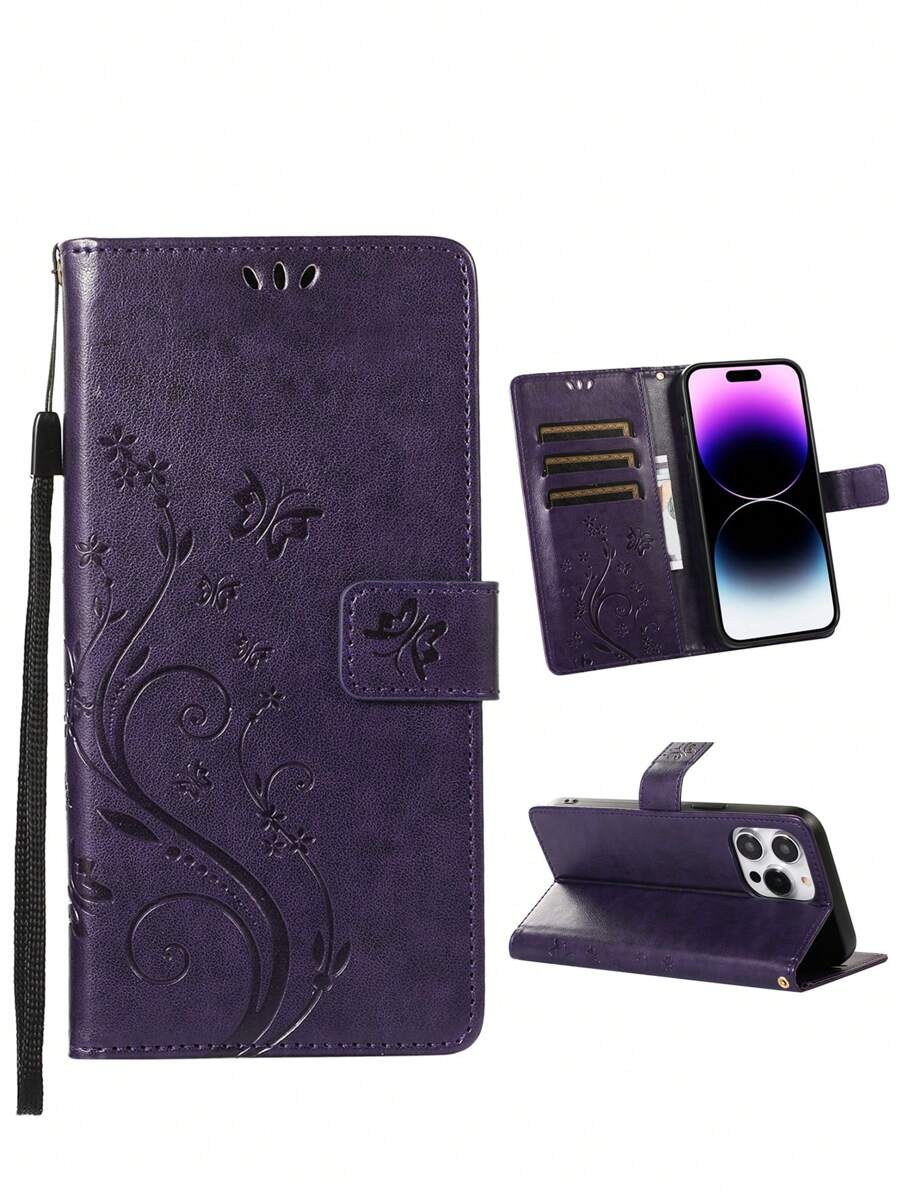 AWQUER Butterfly Flower Case Compatible With Iphone 16 15 14 Plus 13 12 Mini 11 Pro Max Wallet Case, PU Leather Flip Folio Case With TPU Inner Shell, Card Holder Kickstand Phone Cover Compatible With Iphone 8 7 6 Plus SE 5G 2020 2022 - Dark Purple - View 1