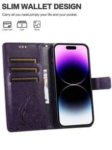 AWQUER Butterfly Flower Case Compatible With Iphone 16 15 14 Plus 13 12 Mini 11 Pro Max Wallet Case, PU Leather Flip Folio Case With TPU Inner Shell, Card Holder Kickstand Phone Cover Compatible With Iphone 8 7 6 Plus SE 5G 2020 2022 - Dark Purple - View 3