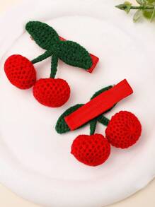 2 件红色毛茸茸樱桃发夹，适合女婴，精美针织水果鳄鱼夹，带全衬里，冬季新年婴儿发夹，儿童婴儿发饰。爱情人节 - 紅色 - 查看 4