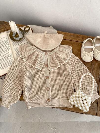 0-3 Yrs Baby Girls Knitted Sweater, Ruffled Collar Cardigan, Spring & Autumn Season (Size Runs Slightly Large)