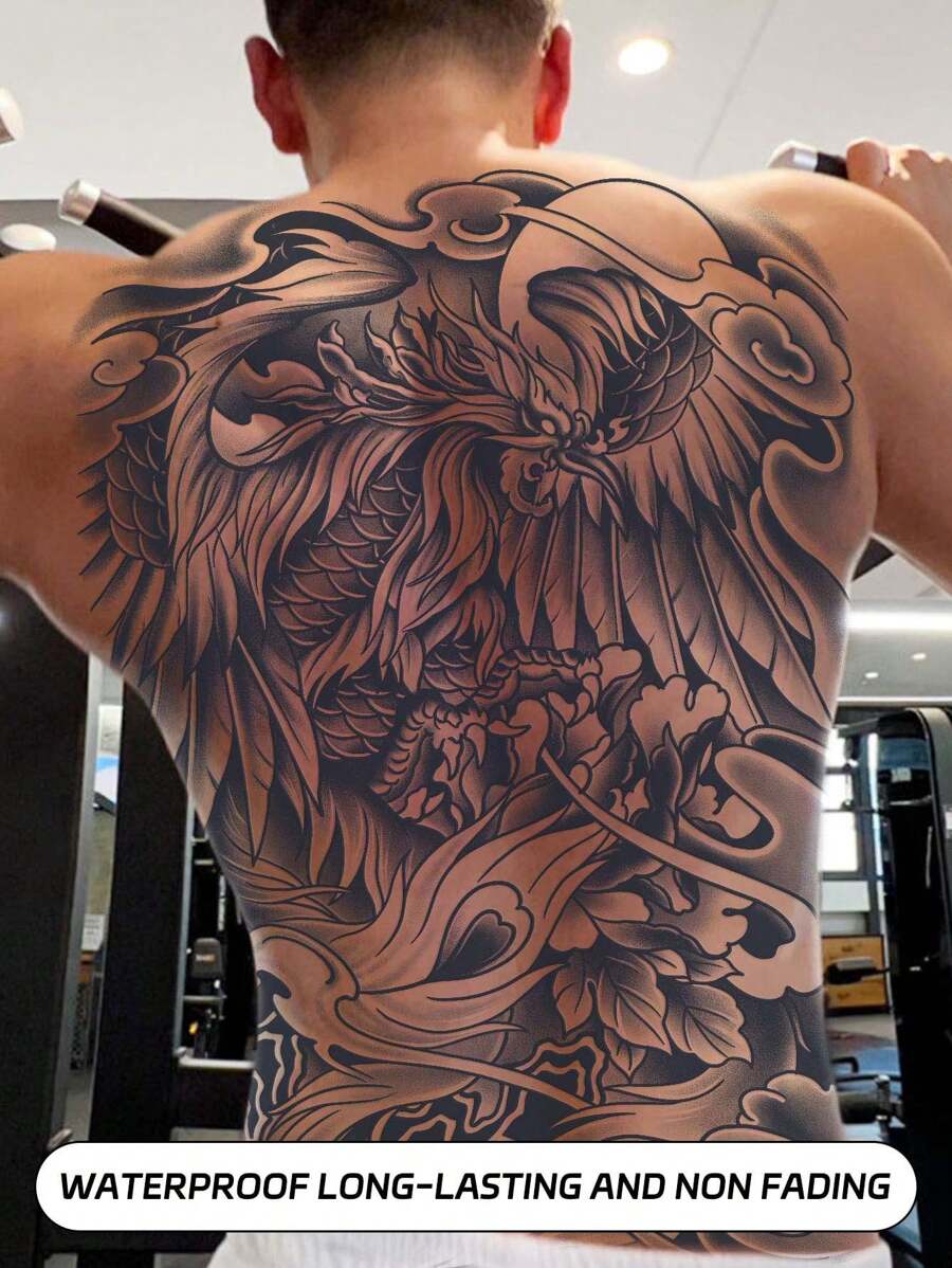 1入組防水鳳凰全背紋身貼紙,持續1-2週不反光,適用於男女 - 黑色 - 查看 1