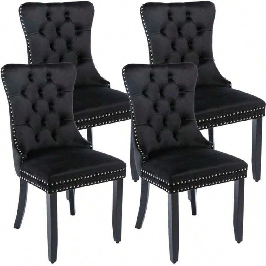 4 Piece Set Velvet Upholstered Dining Chairs, Wingback Side Chairs Button Tufted With Solid Wood Legs For Kitchen,Dining Room. - Black - View 1