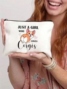 Just A Girl Who Loves Corgis Letter Print Storage Bag Christmas Halloween Thanksgiving Print Cosmetic Bag Multifunctional Travel Bag Toiletries Bag For Teachers, Friends, Mom, Sisters, Grandma Lipstick Box Bag, Portable Storage For Slouchy People, Portable Travel Toiletries Storage Bag, Wallet Pen Bag, School Pen Bag, Stationery Bag - Beige - View 1