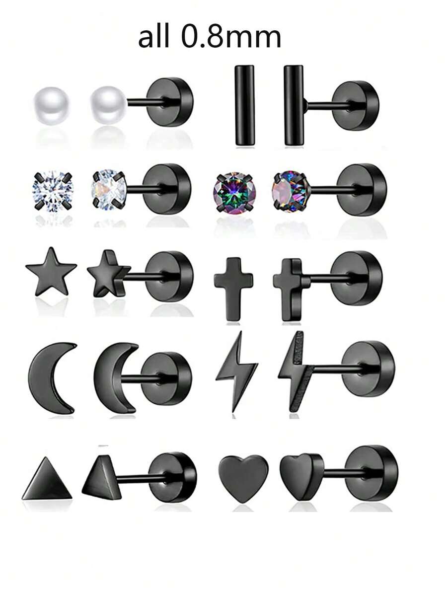 20pcs Stainless Steel Stud Earrings Set For Women Men Star Moon Flower