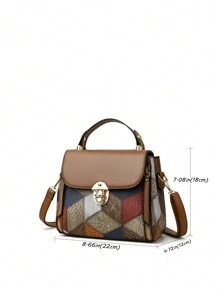 1個復古色彩對比的鑽石幾何圖案裝飾的pu皮革防盜斜跨包,配有金屬扣,適合女性日常使用 - 彩色 - 查看 7