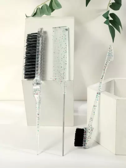 3Pcs Confetti Clear Hair Styling Set, Professional Teasing Brush For Volume, Rat Tail Comb For Sectioning & Edge Control Brush For Baby Hair, Anti-Static, Portable For Everyday Styling, Detangling & Hair Finishing, Ideal For Sleek Updo, Ponytail, Salon, Home, Travel & On-The-Go Use