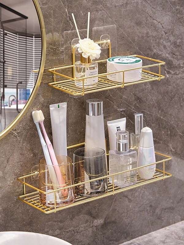 1 buc. Suport mare de depozitare montat pe perete pentru baie, organizator auriu pentru articole de toaletă, cosmetice, rechizite de bucătărie (nu necesită găurire) Decor baie acasă Organizator baie Vară Înapoi la școală