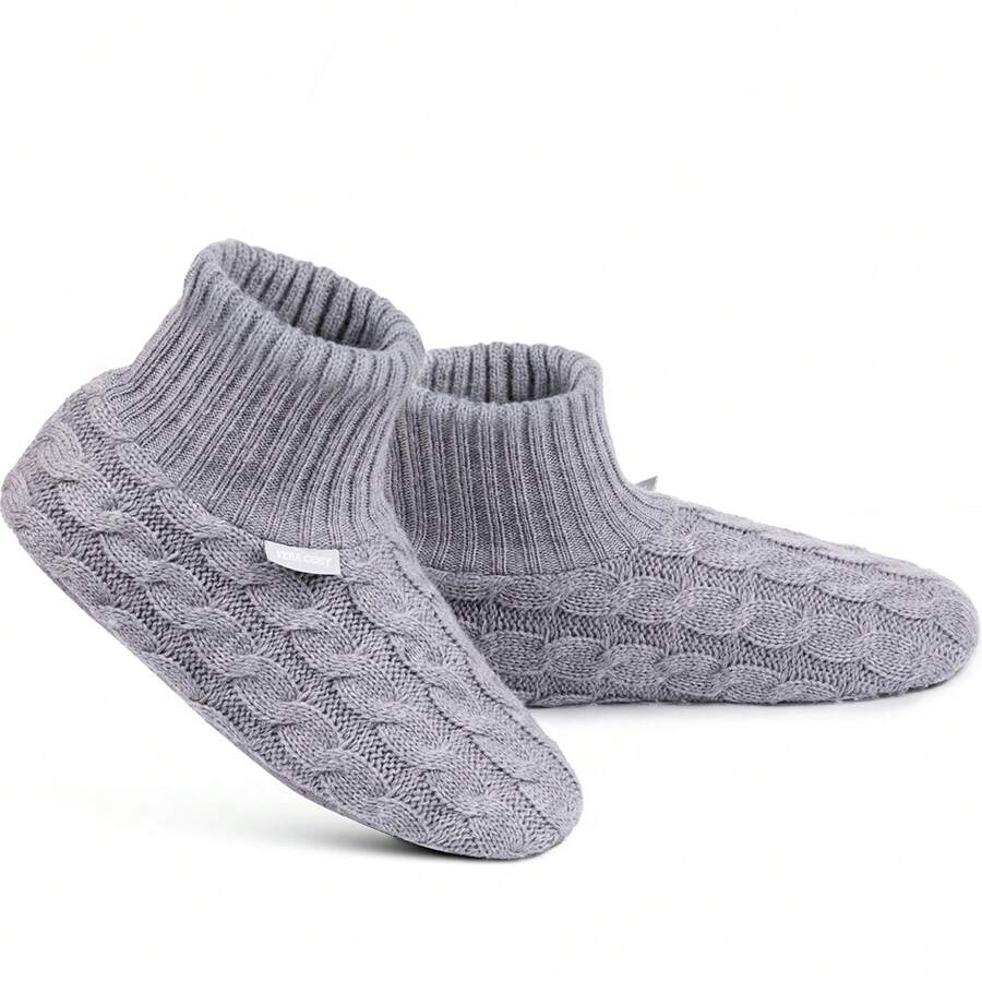 Men's Women's Comfy Cable Knit Slipper Socks With Anti-Skid Silicone Gripper - 灰色 - 查看 1