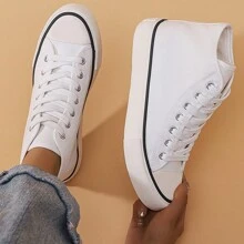 Unisex Couple Simple & Fashionable Basic White High-Top Canvas Shoes With Flat Soles