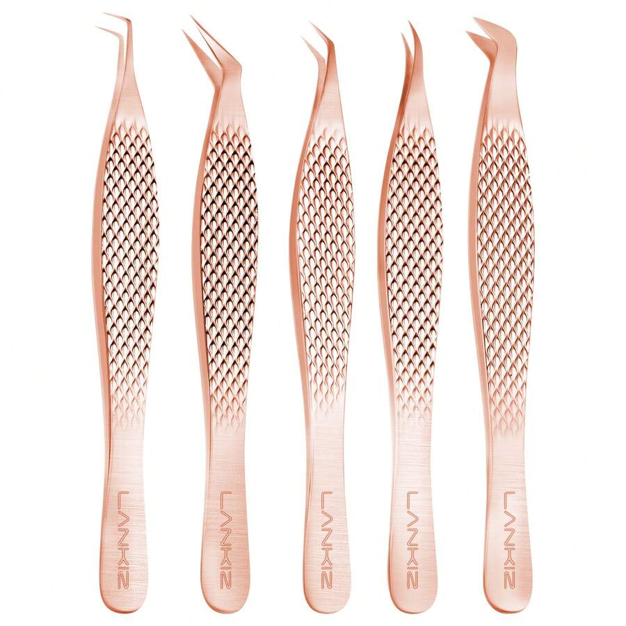 5pcs Eyelash Tweezers Stainless Steels Precision Tweezers Tools for Eyelash Extensions - Rose Gold - View 1