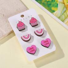 3pairs Valentine's Day Wooden Earrings, Simple & Fashionable, Heart & Ice Cream Shape Design - Multicolor - View 7