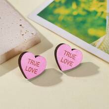 3pairs Valentine's Day Wooden Earrings, Simple & Fashionable, Heart & Ice Cream Shape Design - Multicolor - View 5
