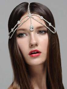 1入組新娘銀色帶淚形鑽石頭飾,水鑽層疊頭鍊髮飾,適用於婚禮 - 銀色 - 查看 2