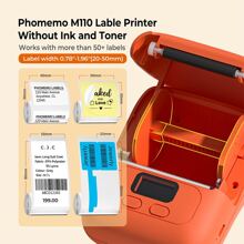Phomemo 1 套标签机礼品盒 - M110 无线标签打印机套件，带 3 卷热敏贴纸标签、无线热敏打印机，带 1 卷 40x30mm/1.57" X 1.18" 白色贴纸热敏标签、1 卷 1.97''X1.18'' / 50x30mm 白色贴纸热敏标签、1.97 "X3.15" / 50x80mm 白色贴纸热敏标签、适用于店主、小型企业、办公室、地址、徽标、服装、邮寄、手机和 PC 商务打印机的迷你贴纸打印机、适用于条形码、文档、产品信息、价格标签、运输标签打印的迷你标签机、适用于 IOS 和 Android 的标签机、便携式礼品打印机、203dpi 的快速打印无墨标签机、无墨标签机支持 20-50mm/1"-2" 热敏标签尺寸、便携式可充电标签机，带 Type-C 电缆的条码标签打印机，送给每个人的新年礼物 - 橘色 - 查看 3