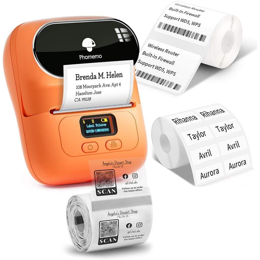 Phomemo 1 套标签机礼品盒 - M110 无线标签打印机套件，带 3 卷热敏贴纸标签、无线热敏打印机，带 1 卷 40x30mm/1.57" X 1.18" 白色贴纸热敏标签、1 卷 1.97''X1.18'' / 50x30mm 白色贴纸热敏标签、1.97 "X3.15" / 50x80mm 白色贴纸热敏标签、适用于店主、小型企业、办公室、地址、徽标、服装、邮寄、手机和 PC 商务打印机的迷你贴纸打印机、适用于条形码、文档、产品信息、价格标签、运输标签打印的迷你标签机、适用于 IOS 和 Android 的标签机、便携式礼品打印机、203dpi 的快速打印无墨标签机、无墨标签机支持 20-50mm/1"-2" 热敏标签尺寸、便携式可充电标签机，带 Type-C 电缆的条码标签打印机，送给每个人的新年礼物