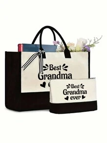 2Pcs Best Grandma Ever Reusable Canvas Tote Bag Gift For Grandmother From Grandchild, Mother's Day Gifts For Grandma, Grandma Gifts Ideas Handbag For Nana, Grandmother Birthday Gifts For Grandma, Great Grandma Gifts From Grandchild, High-Capacity Tote Bag, Gift For Mom, Personalized Birthday Thanksgiving Retirement Christmas Gifts For Women, Book Tote Bag, Letter Print Tote Bag Set, Large Capacity Tote Bag & Coin Bag, Perfect Handbag For Shopping - Black and White - View 1