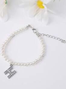 1條時尚銀色鍍白珍珠串珠鑲鑽石26個字母手鍊,適合女士禮物 - 珍珠 - 查看 22