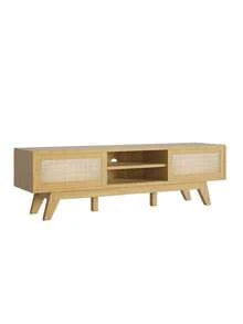 TV Stand Mid Century Modern Entertainment Center Natural Rattan Door For 65 Inch TV Storage Shelves For Living Room Bedroom - 杏色 - 查看 3