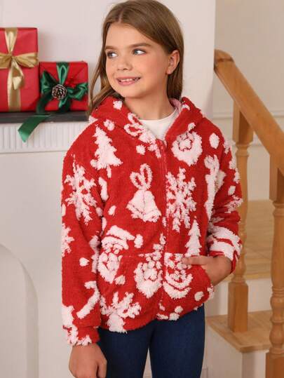 Blibean Girls' Casual Plush Christmas Pattern Long Sleeve Hooded Jacket