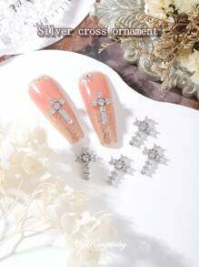 6pcs/pack European And American Style Luxury Cross Shaped Nail Art Decoration With Y2k Metallic And Gothic Design - Silver - View 2