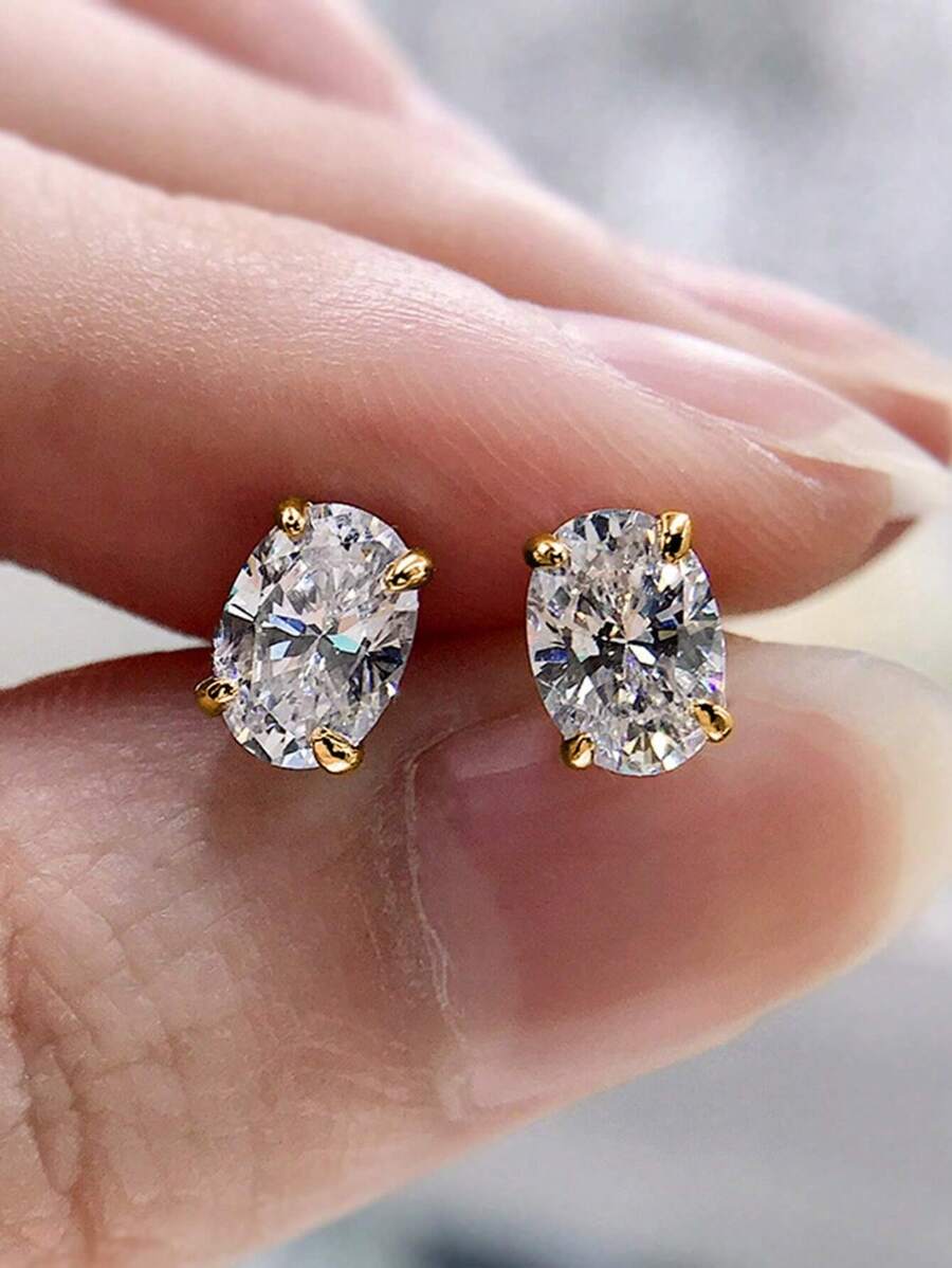 1 Pair Fashionable European & American Cute And High-end Shiny Diamond Women's Copper Earrings Studs - Gold - View 1