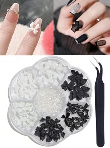 3d蝴蝶結指甲裝飾珍珠美甲貼紙黑白指甲裝飾女孩指甲沙龍diy指甲裝飾工藝珠寶用品 - 黑與白 - 查看 1