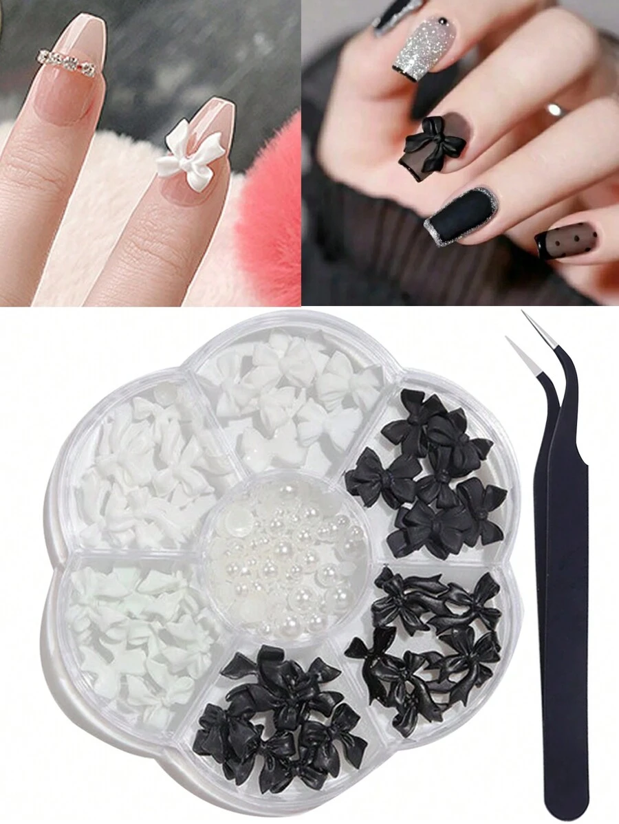 3d蝴蝶結指甲裝飾珍珠美甲貼紙黑白指甲裝飾女孩指甲沙龍diy指甲裝飾工藝珠寶用品 - 黑與白 - 查看 1