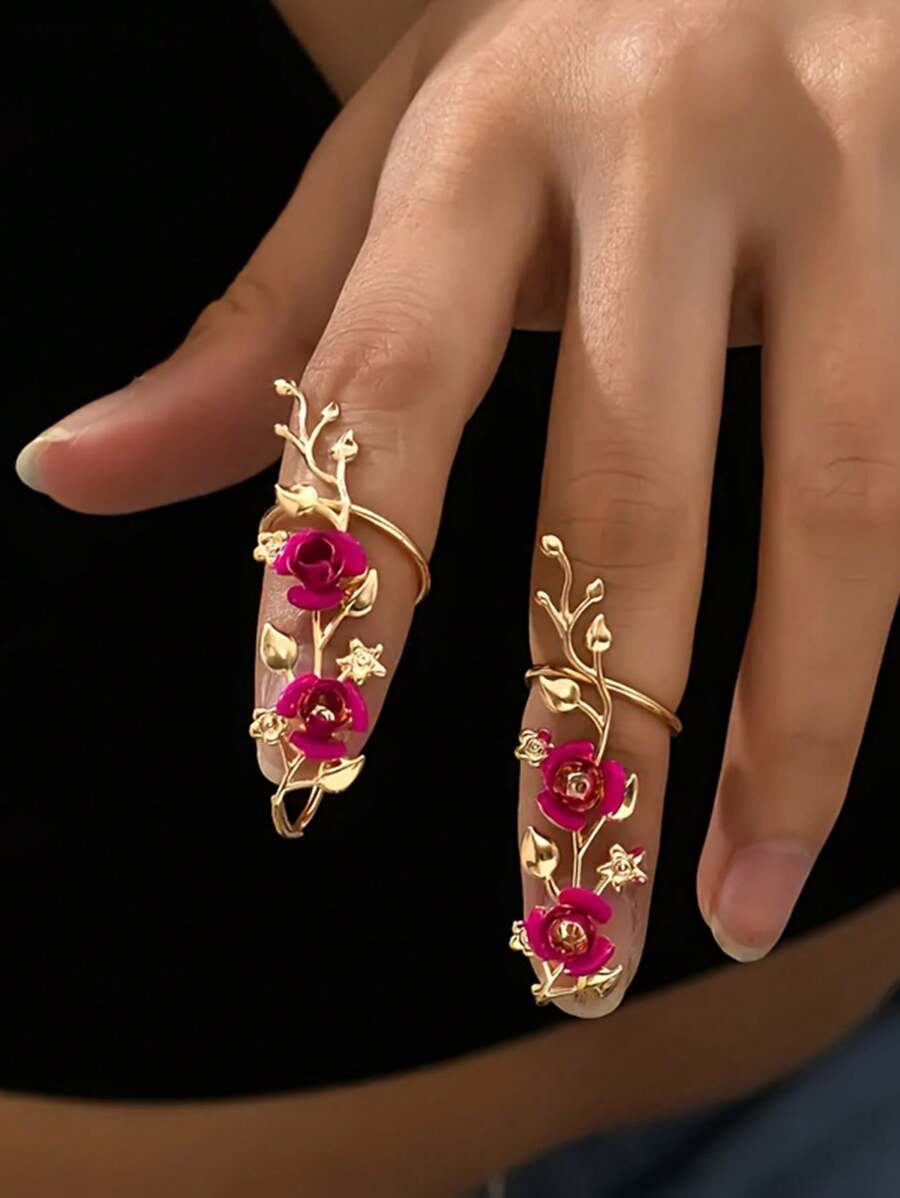2pcs Stylish Finger Armour Claw Filigree Jewelry Hand Armor For Women Y2K - Flowers - View 1