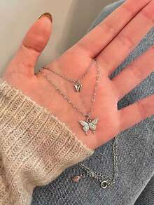 1pc Women's Double Layer Butterfly Silver Luxurious Fashionable Necklace Collarbone Chain, Gift For New Year, Suitable For Couples, Wedding, High-end Party, Daily Life - Silver - View 6