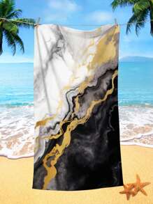 1片大理石紋紋理沙灘巾,印花微纖維速乾吸水巾,適用於游泳、度假、旅行、戶外露營 - 黑與白 - 查看 1