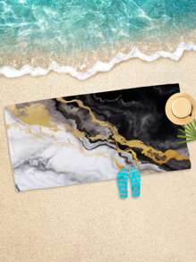 1片大理石紋紋理沙灘巾,印花微纖維速乾吸水巾,適用於游泳、度假、旅行、戶外露營 - 黑與白 - 查看 4