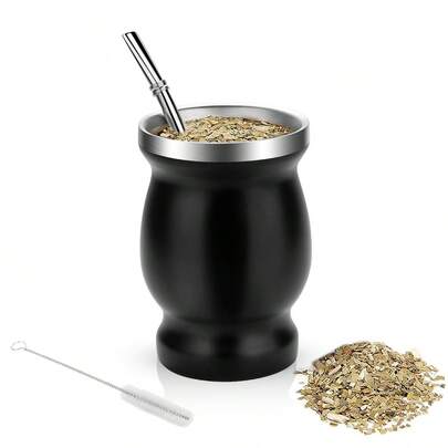 choxila 1pc Black Traditional Mate Cup, Mate Natural Gourd/Tea Cup, Coffee Cup, Stainless Steel Double-Wall Mate Cup And Bombilla Set, Yerba Mate Set Includes Yerba Mate Straw & Cleaning Brush