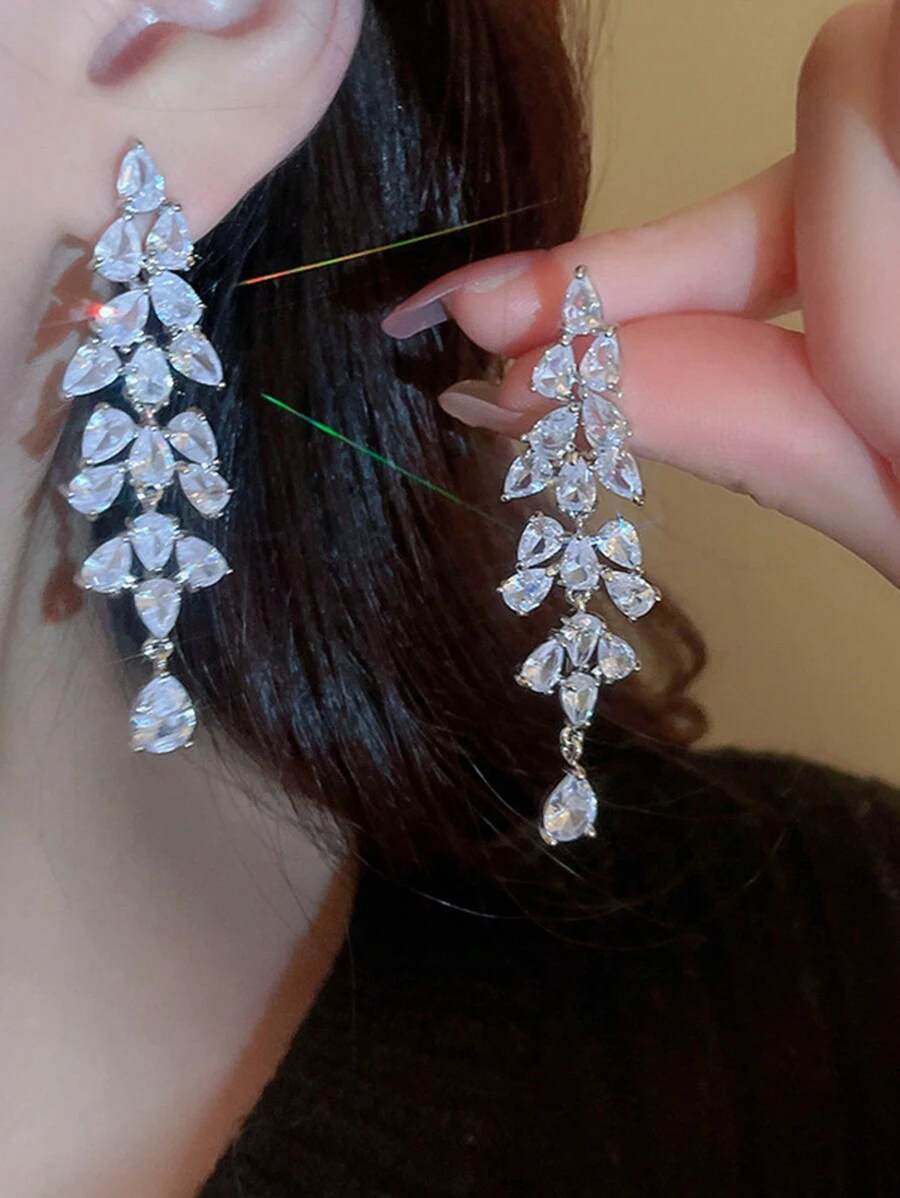 1pair Luxury Cubic Zirconia Leaf-Shaped Dangle Earrings For Party