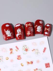 FULL BEAUTY 2 件裝彩色龍新年卡通可愛 3d 美甲貼,塗鴉新中式魅力農曆新年節日煙火鯉魚雲禮品指甲貼和貼花指甲裝飾