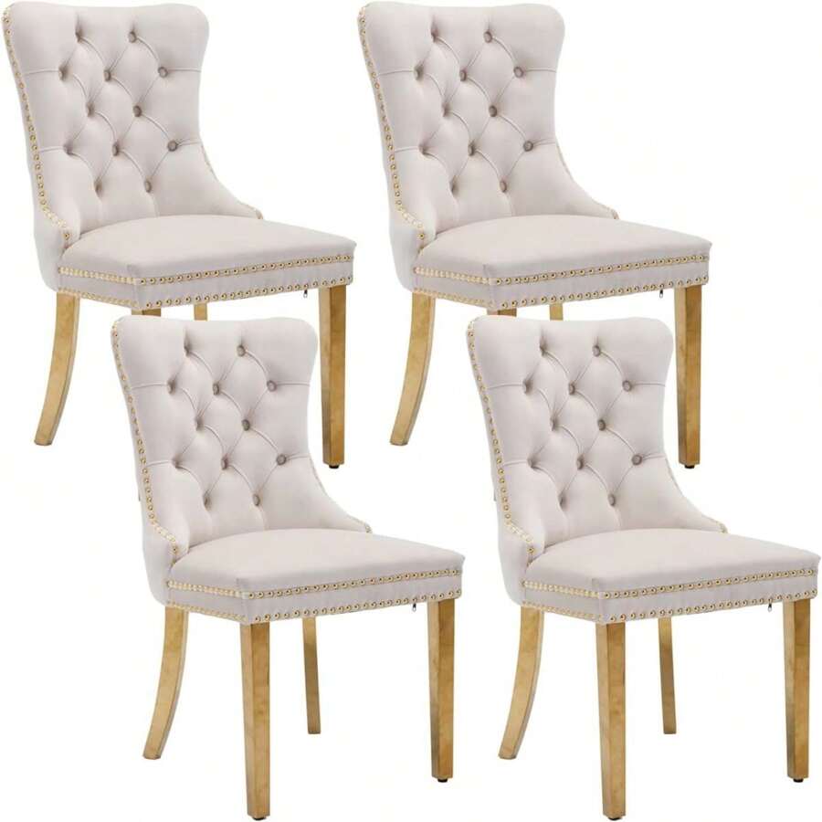 4 Piece Set Velvet Upholstered Dining Chairs, Wingback Armless Side Chairs Button Tufted With Gold/Silver Stainless Steel Plating Legs For Kitchen Dining Room. - Beige - View 1