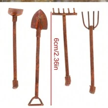4入組1:12娃娃屋迷你園藝工具-金屬鏟子及干草叉家具配件 - 鏽棕色 - 查看 2