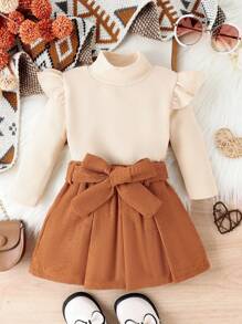 Bộ áo thun trơn có trang trí xếp nếp và váy nhung kẻ cho bé gái - Màu be - Xem 2