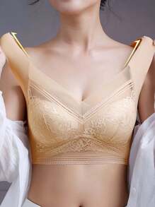 5pcs Women's Contrast Lace Seamless & Wirefree Bra With Padding, Lingerie