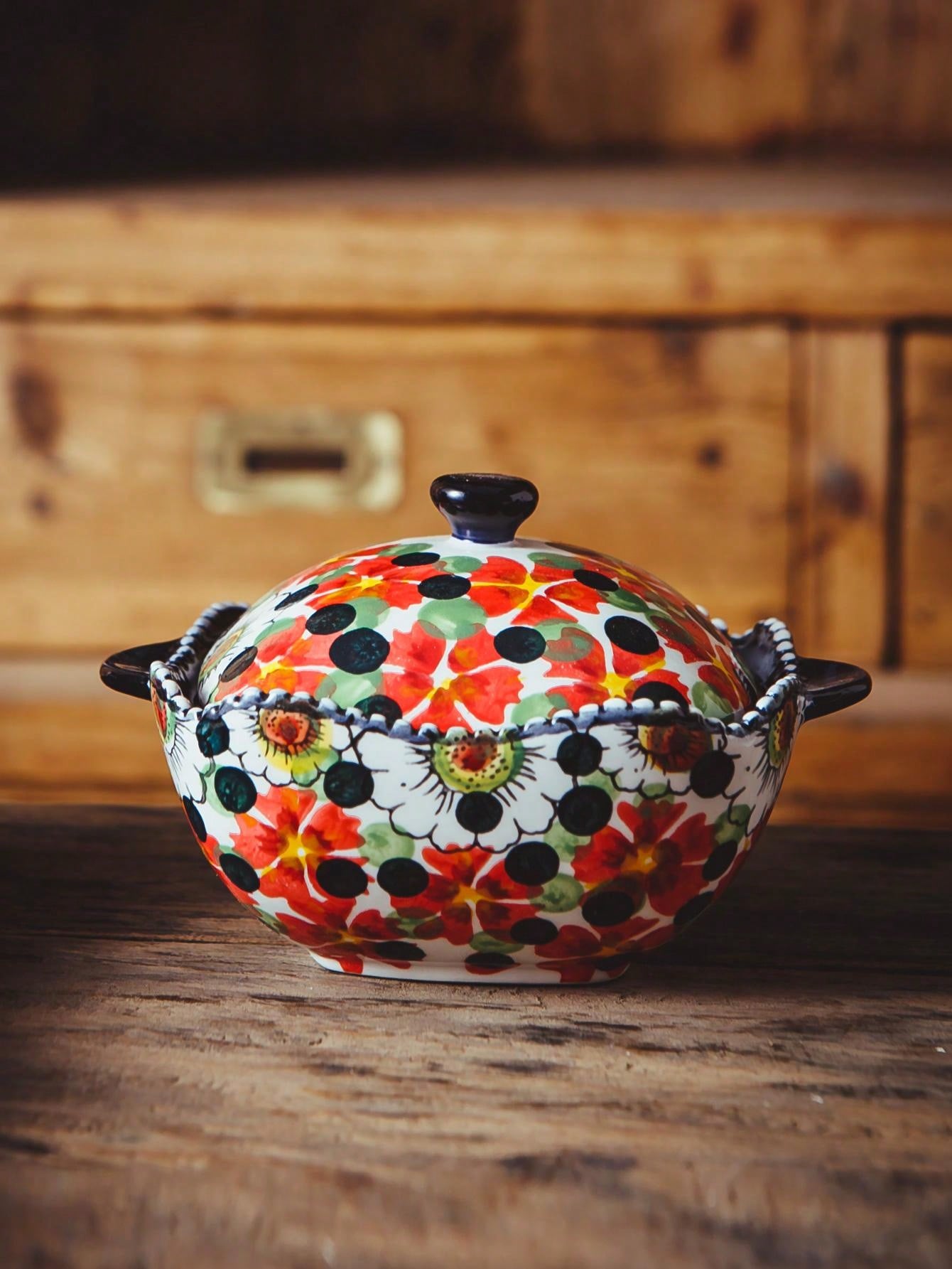 Creative & Cute Red Flora Pattern Ceramic Baking Bowl With Double Ears